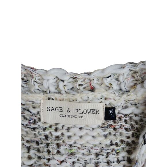 Sage & Flower Cardigan Sweater Sz L XL BEIGE Cableknit Fringes Bohemian Coastal - Picture 14 of 16